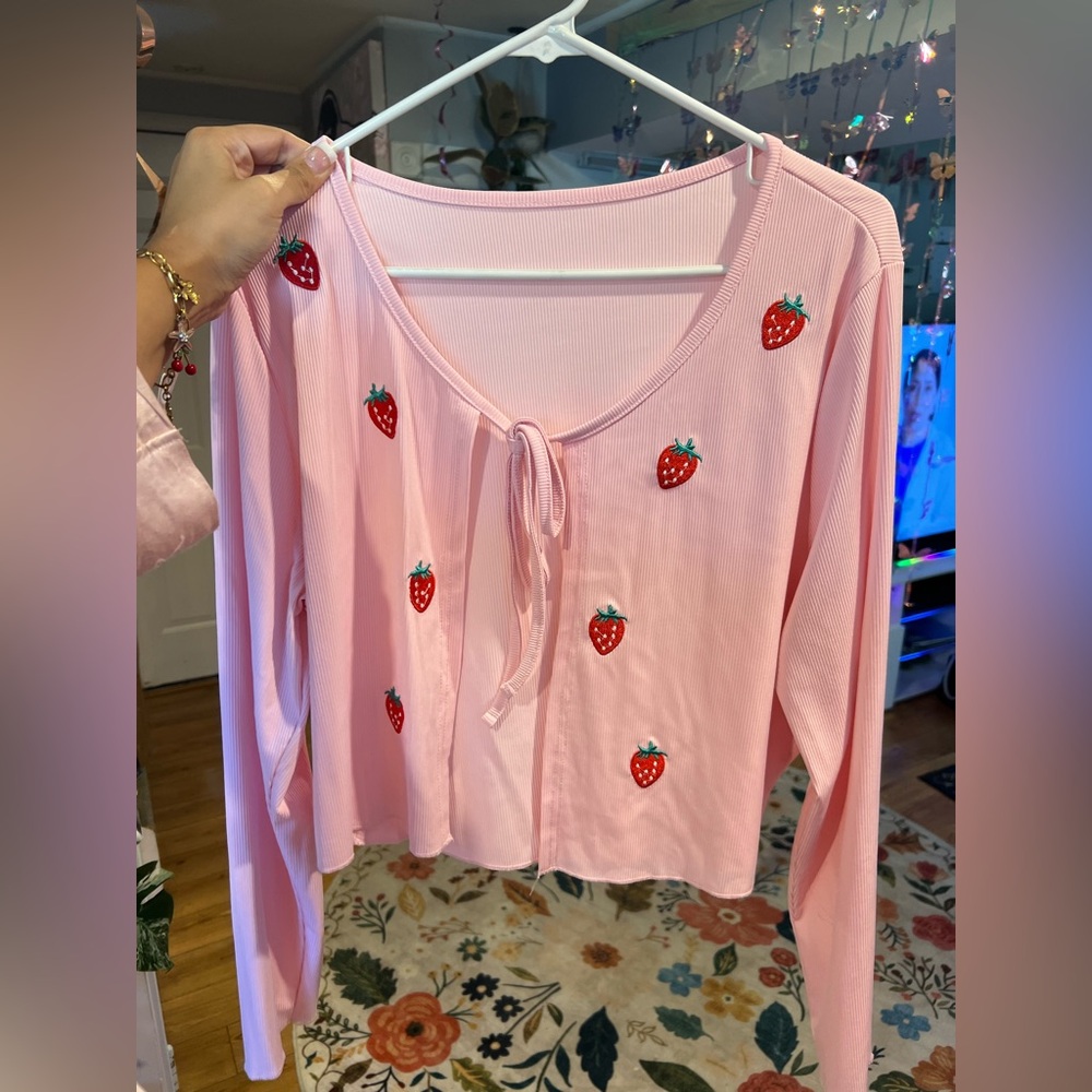 Y2K Pink Strawberry Embroidered Long Sleeve Cardigan